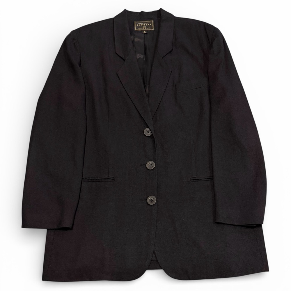 Vintage 90s Express Black Blazer Made in USA Linen Rayon Tailored Jacket Med